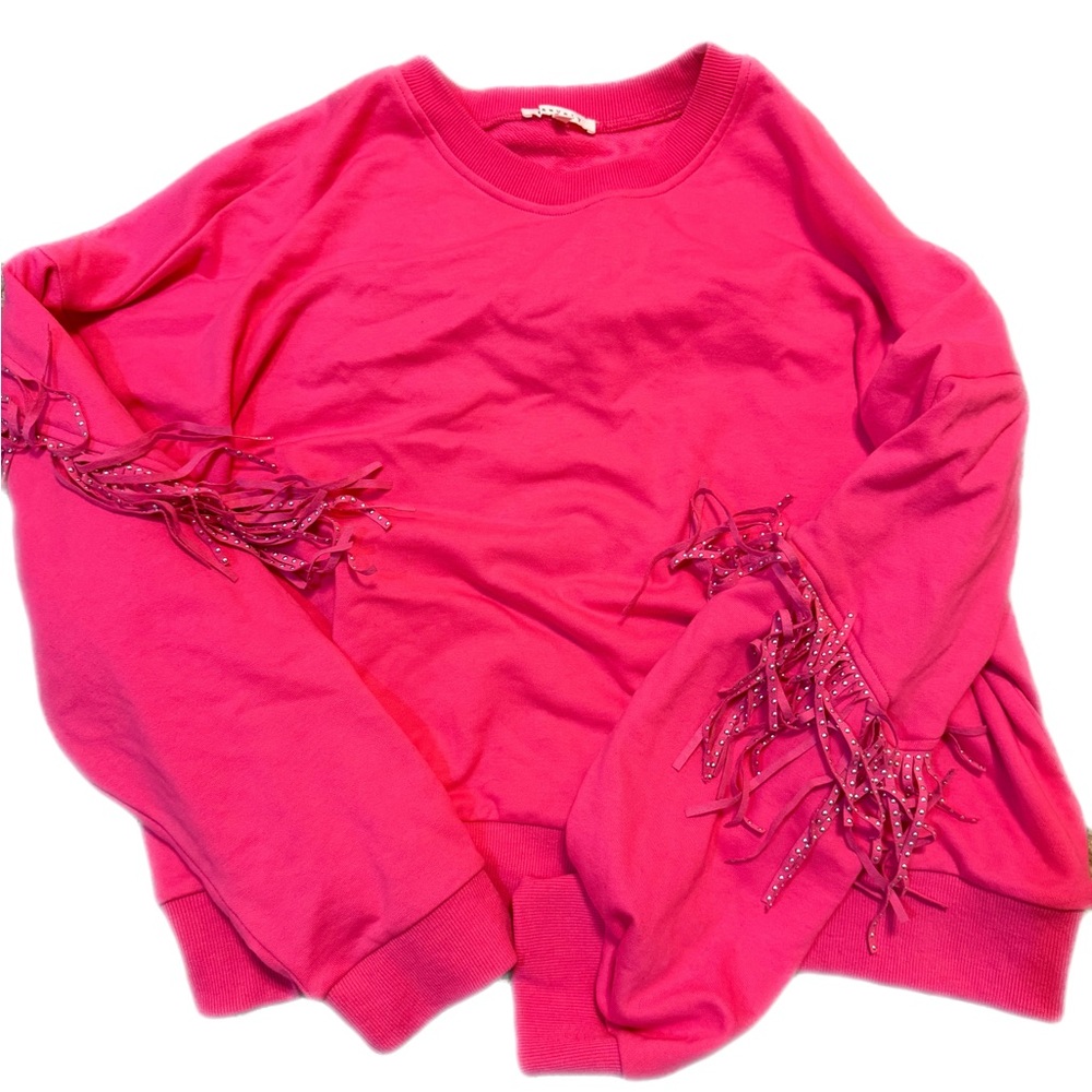 Beverly Pink Fringe Sweatshirt – Rhinestone Tassel Sleeve NWOT